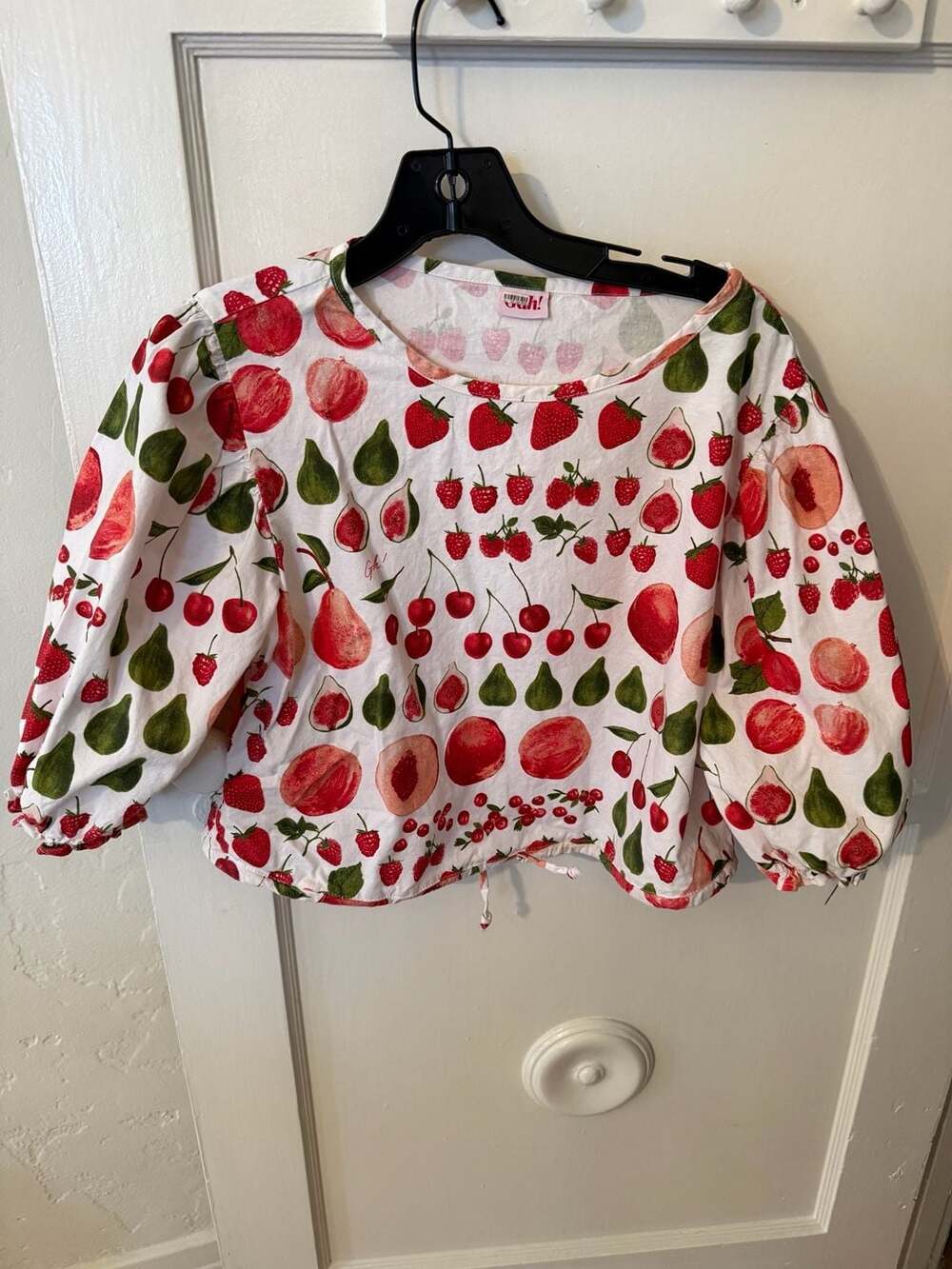 Lisa Says Gah Fruit Print Puff Sleeve Tie-Front Top Size L
